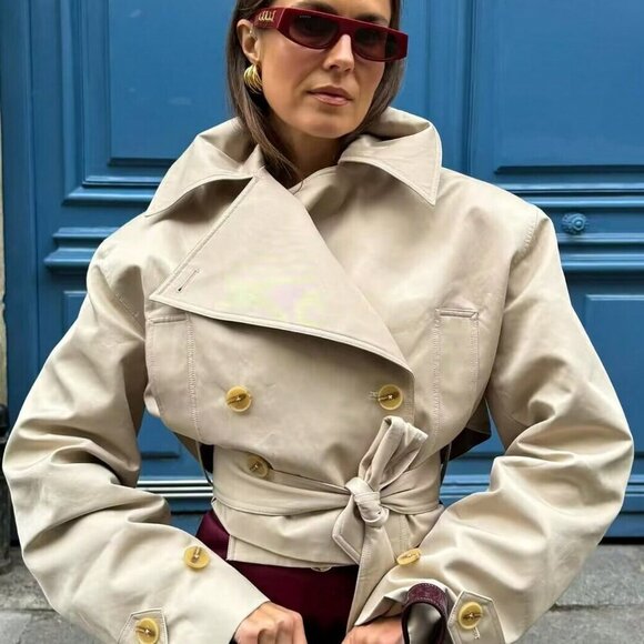 Khaki Casual Women's Cropped Trench Coat With Belt - Picture 5 of 6